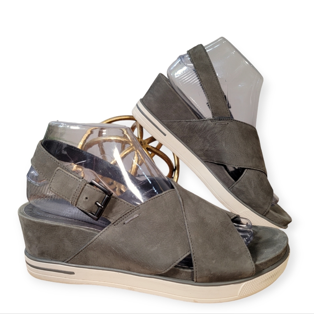 Eileen Fisher Gray Nubuck Leather Cross Cross Sporty Wedge Sandals • Size 8.5